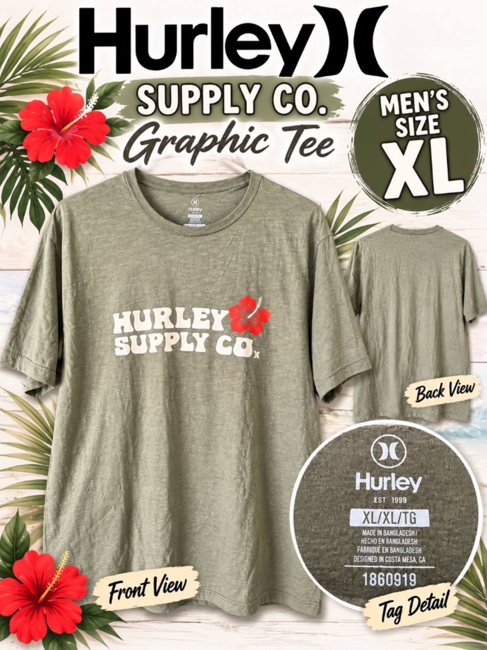 Hurley Supply Co. Hibiscus Graphic Tee Men’s XL Olive Green Surf Shirt